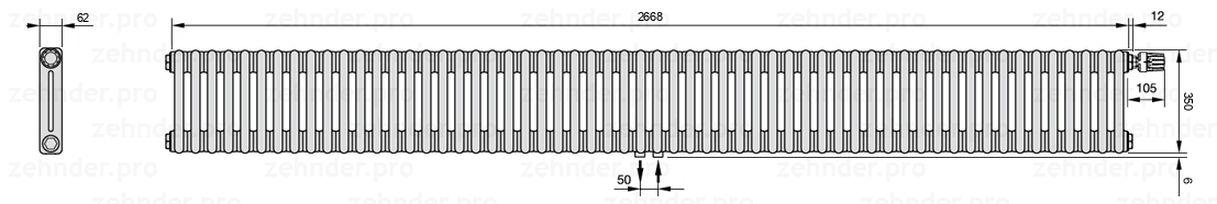 Схема (чертеж) Радиатор Zehnder Charleston 2035/58 №V008 Белый глянцевый RAL 9016